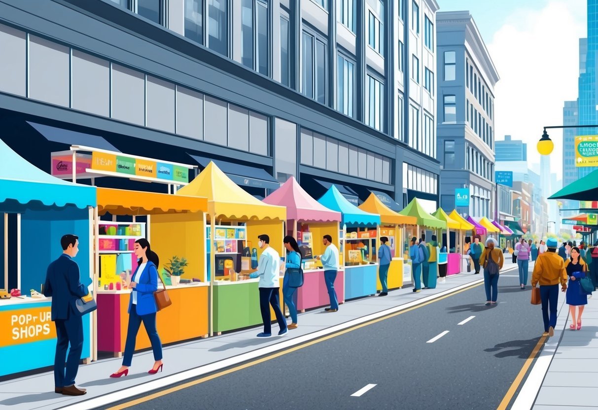 A bustling city street with a row of colorful, temporary pop-up shops set up in front of a commercial building.</p><p>Pedestrians are browsing and interacting with the various vendors