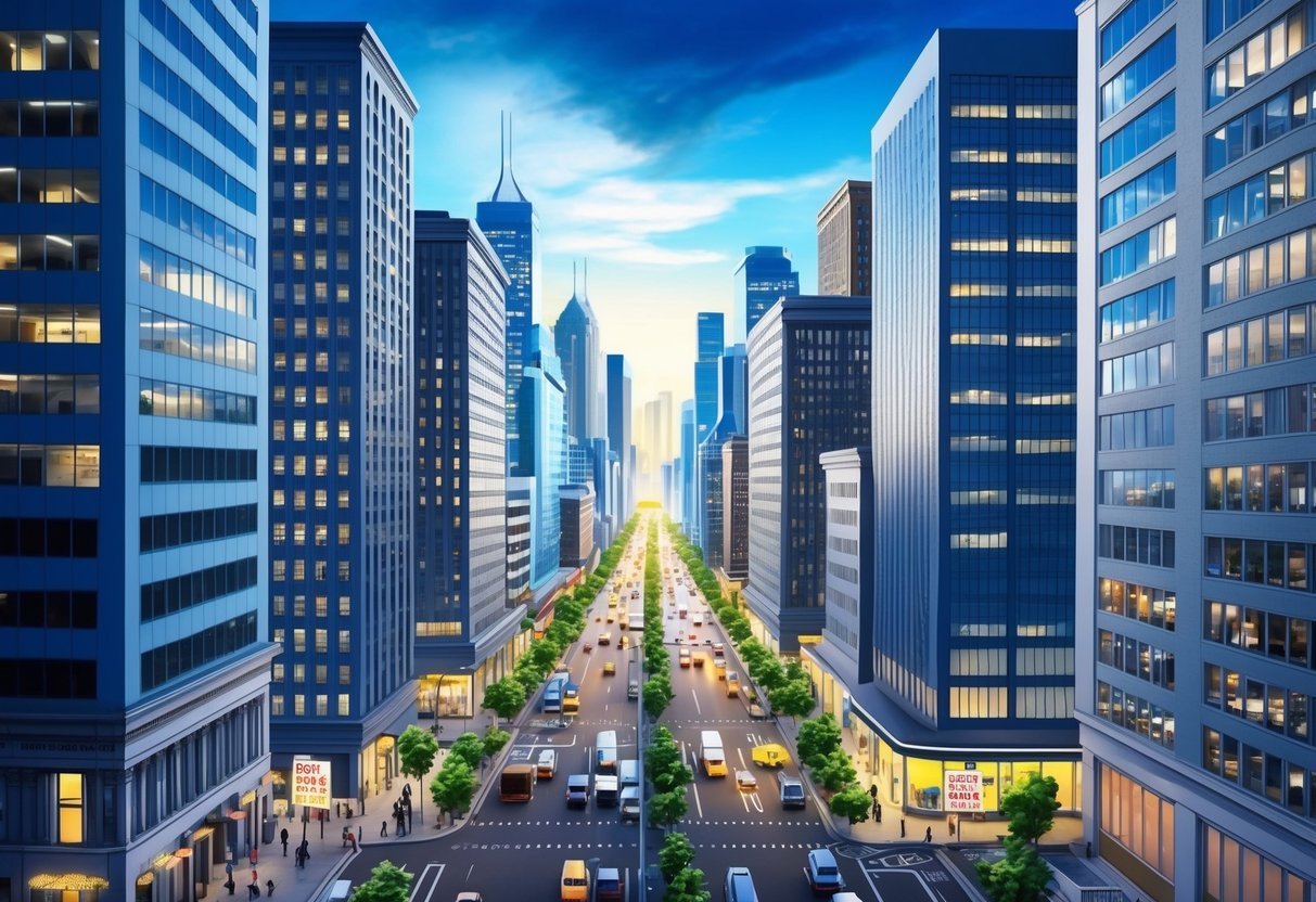 A bustling city skyline with multiple office buildings, some with "For Sublease" signs in the windows.</p><p>Bright lights and busy streets convey the potential for profit in commercial real estate subleasing