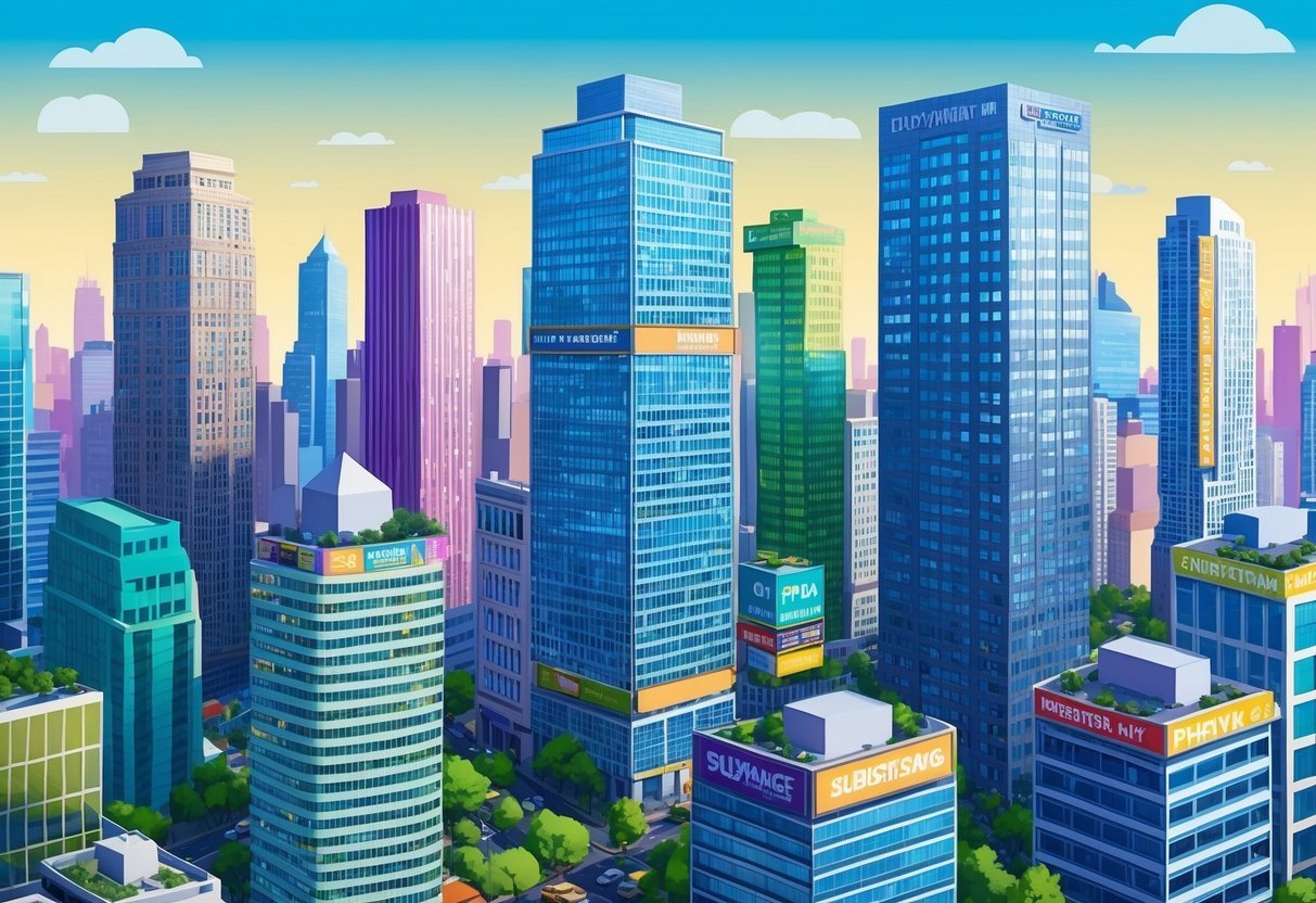 A bustling city skyline with multiple high-rise office buildings, each with vibrant signage and bustling activity, showcasing the potential for strategic subleasing in commercial real estate