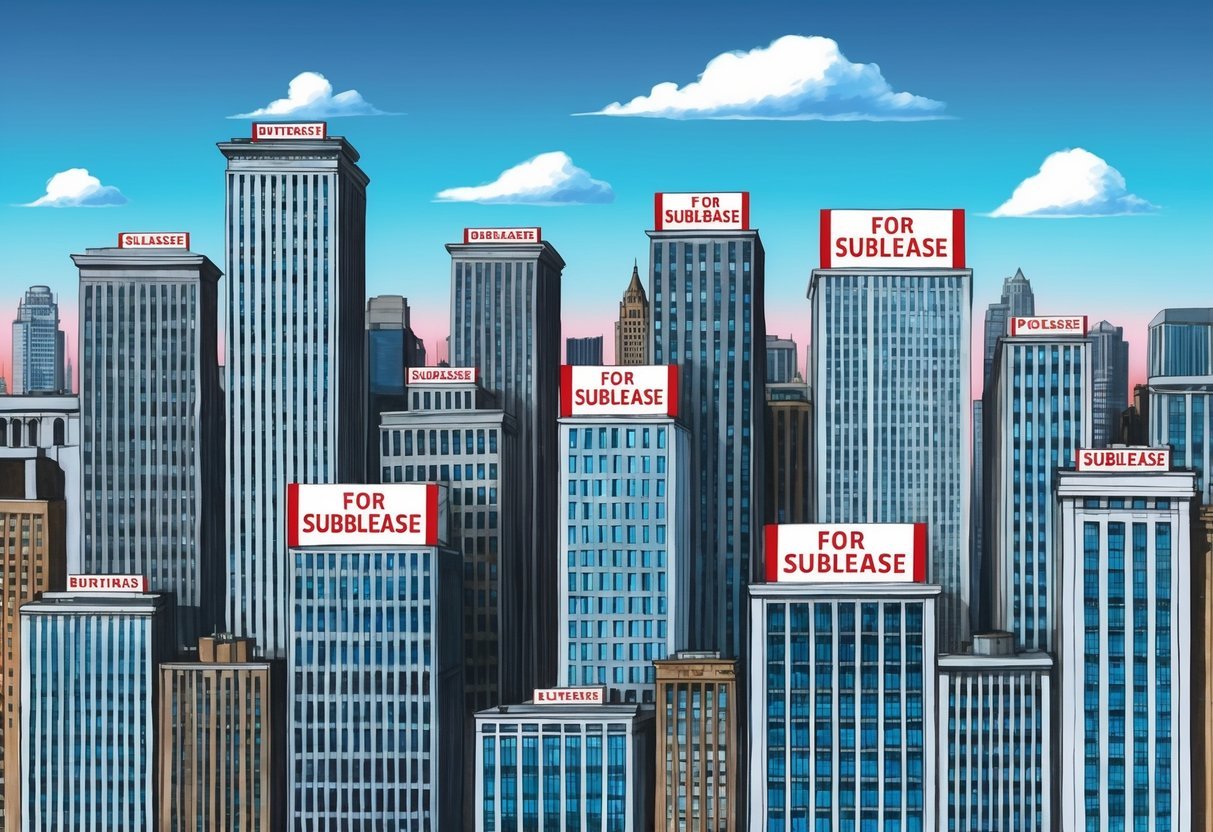 A bustling city skyline with multiple office buildings, each with "For Sublease" signs displayed prominently in the windows