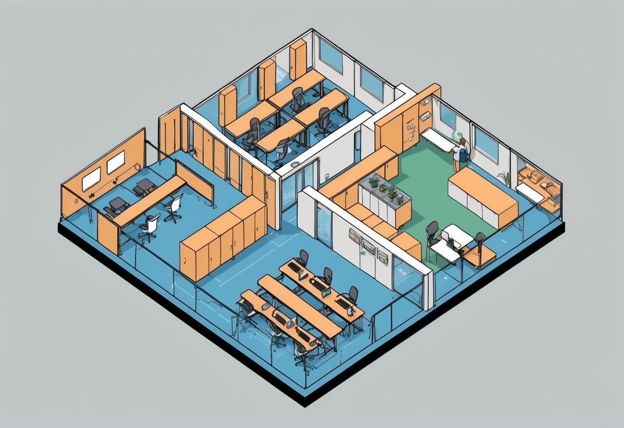 A modern co-working space with open workstations, private offices, meeting rooms, and communal areas for collaboration and networking