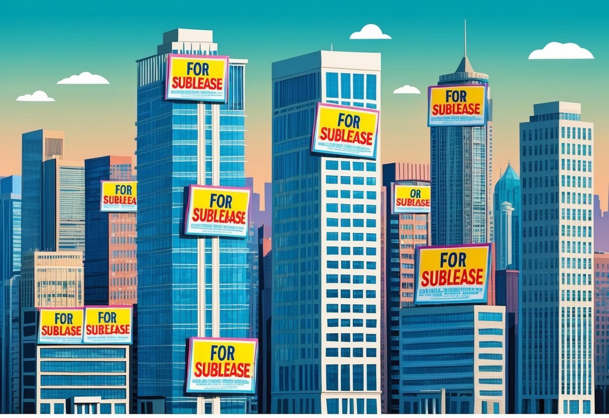 A bustling city skyline with several high-rise office buildings, each with vibrant "For Sublease" signs displayed prominently in the windows