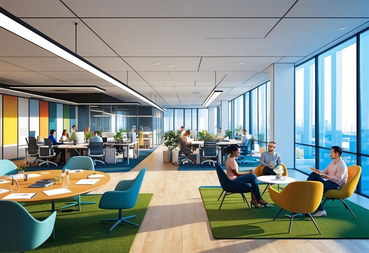 A modern, open-concept office space with diverse work areas, collaborative meeting spaces, and natural light streaming in through large windows