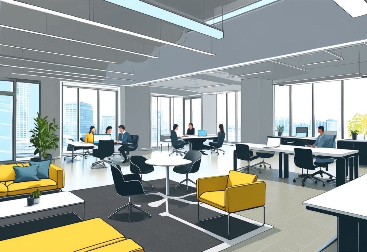 A modern, open-concept co-working space filled with natural light, sleek furniture, and various workstations for collaboration and productivity