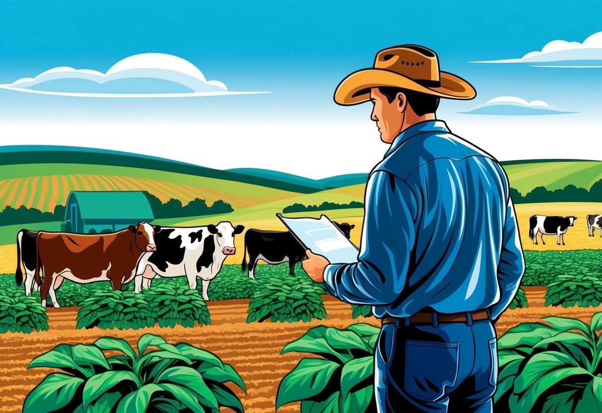 Farmer in cowboy hat reviews papers, looking at cows in a field