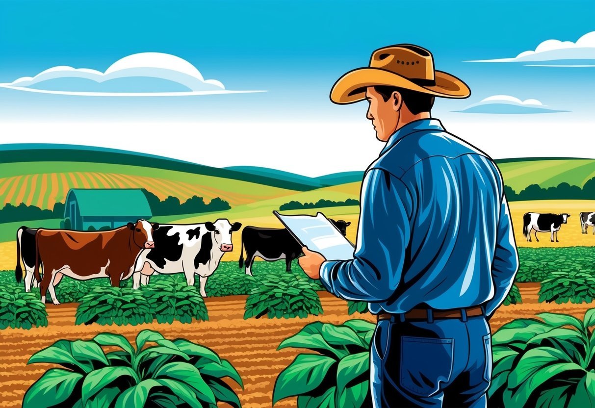 A farmer inspecting a well-maintained farmland with healthy crops and livestock.</p><p>Clear blue sky and rolling hills in the background