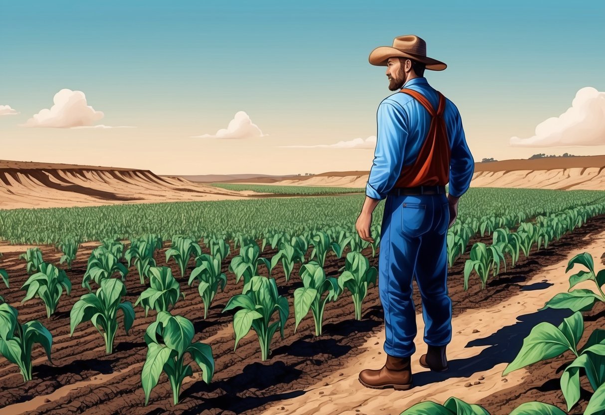 A farmer standing in a field with wilted crops, surrounded by barren land and signs of erosion