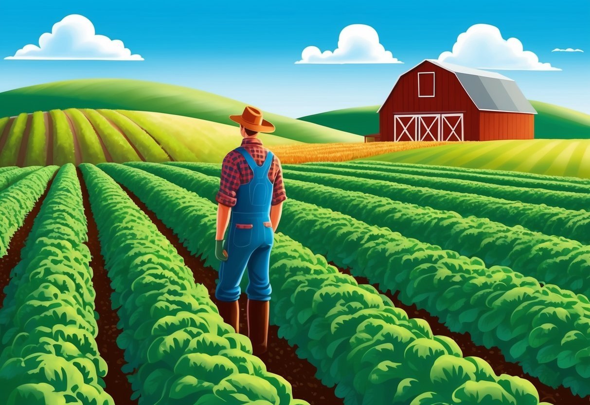 A farmer inspecting a lush green field with a barn in the background, surrounded by rolling hills and a clear blue sky