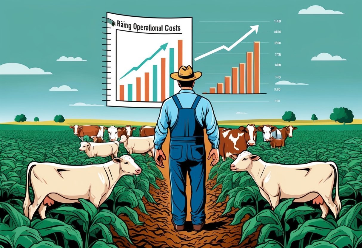 A farmer standing in a field, surrounded by crops and livestock.</p><p>A financial chart with rising operational costs looms overhead