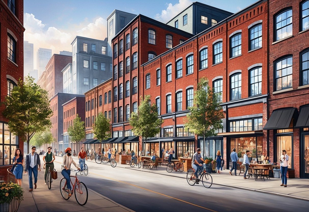 Street scene with brick buildings, people walking, biking, and outdoor dining