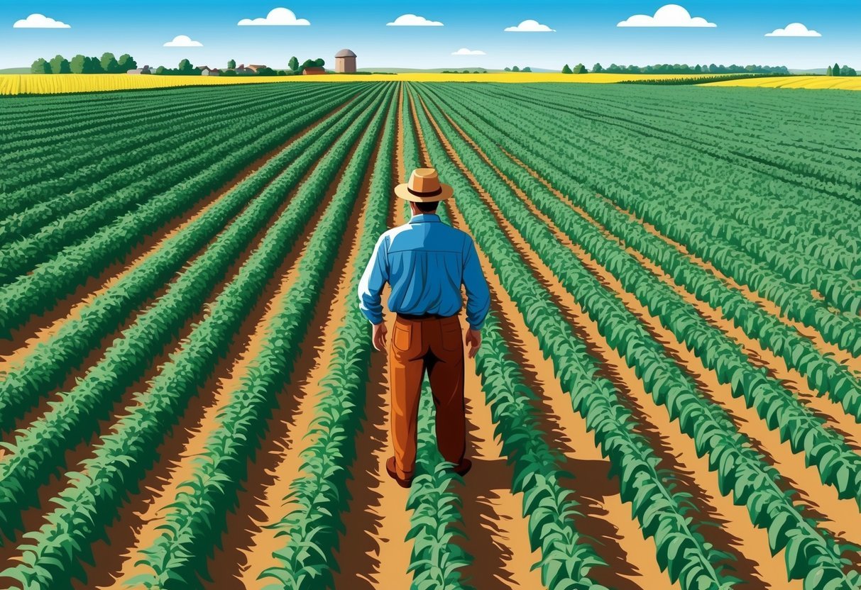 A farmer standing in a field of the same crop, with no variety in the landscape.</p><p>Surrounding farmland shows similar lack of diversification