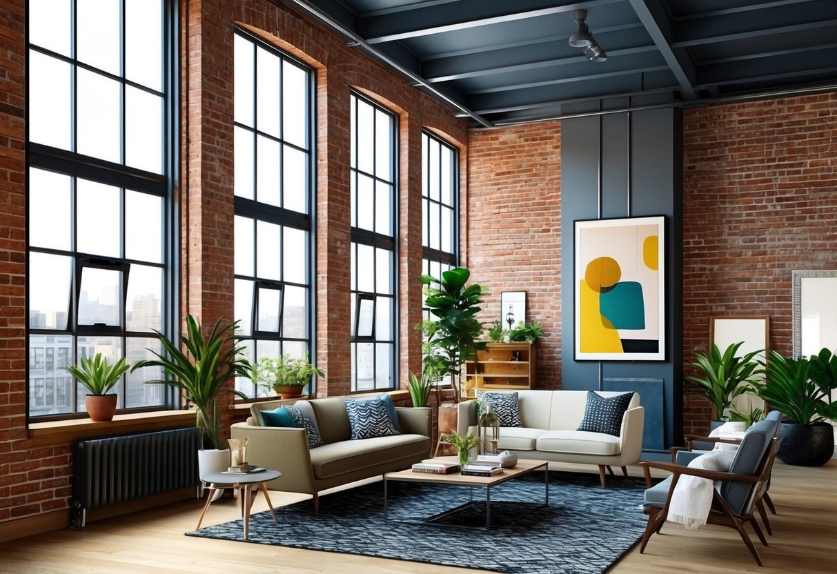 An industrial loft with large windows, exposed brick walls, and high ceilings.</p><p>A mix of modern and vintage furniture with plants and artwork