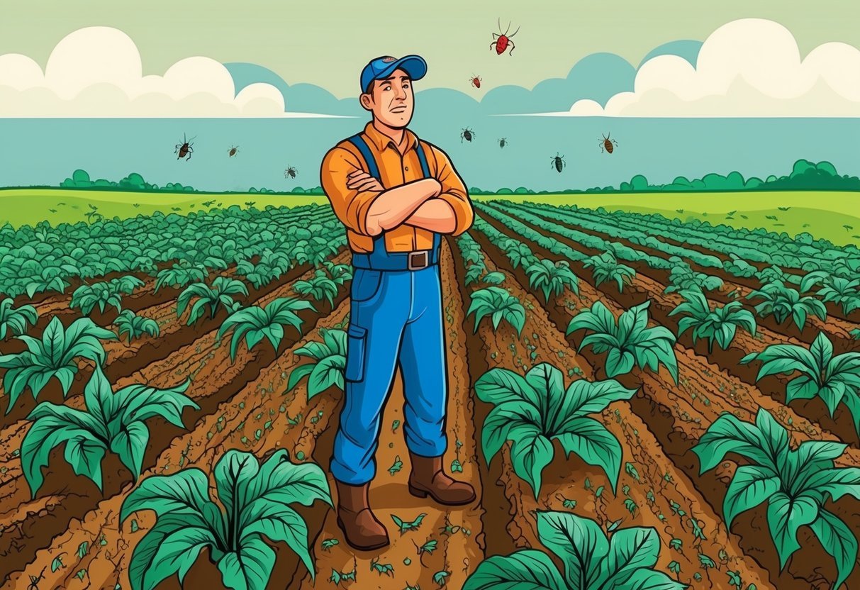 A farmer standing in a field of crops, surrounded by pests and weeds, looking frustrated and overwhelmed