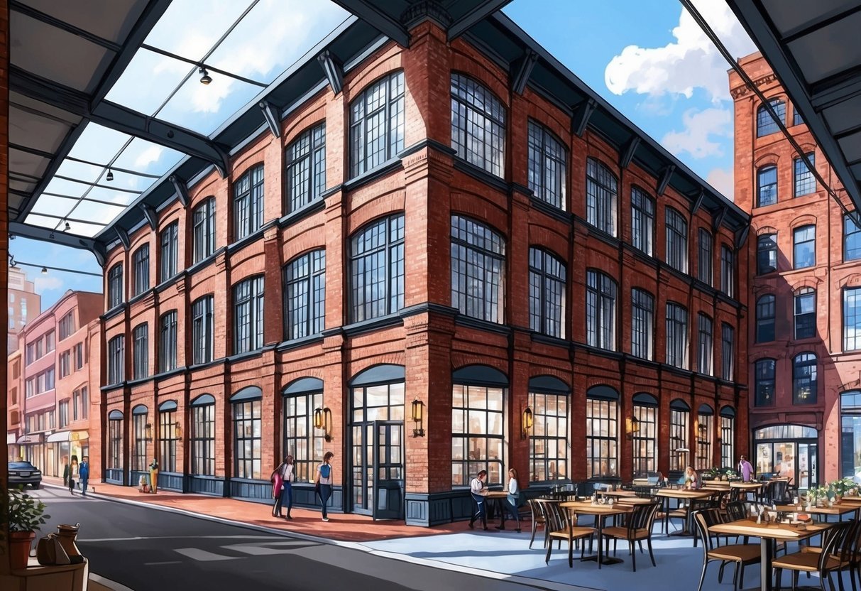 An industrial loft building with large windows, exposed brick walls, and high ceilings.</p><p>Surrounding area is bustling with trendy shops and restaurants