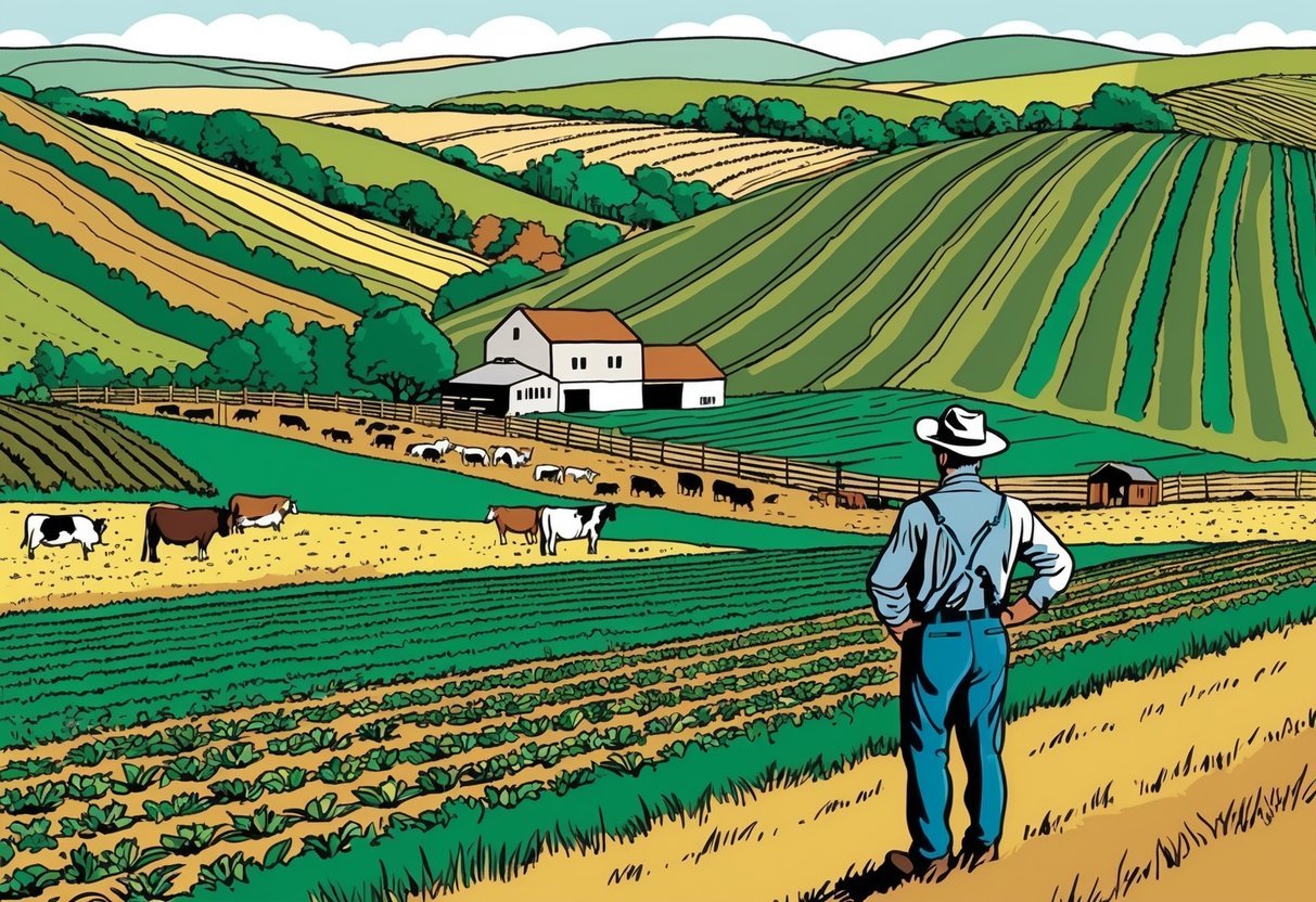 A farmer surveying a vast expanse of farmland, with rolling hills and fields stretching into the distance.</p><p>A mix of crops and livestock can be seen, with a farmhouse and barn in the background