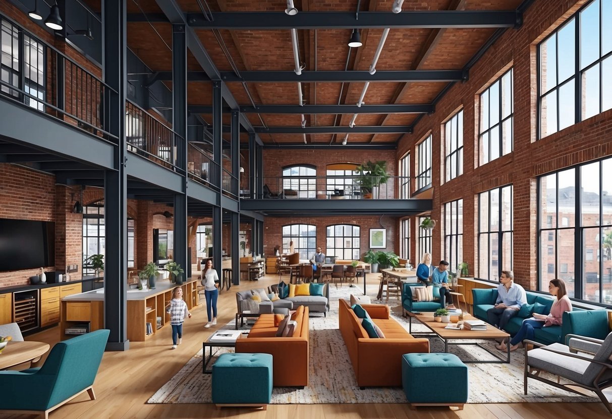 A bustling industrial loft with a mix of residential, commercial, and recreational spaces.</p><p>A vibrant community thrives among exposed brick, high ceilings, and large windows