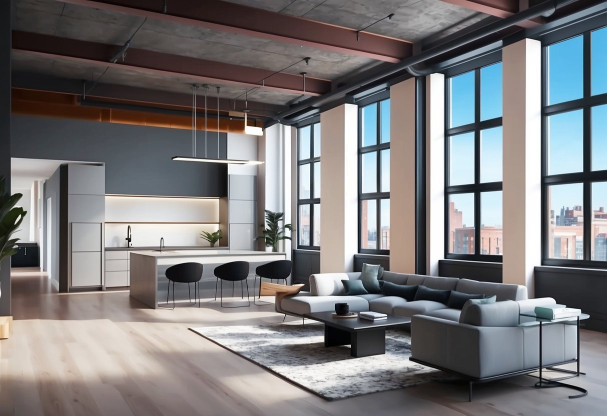 A modern industrial loft with smart home technology features, open floor plan, high ceilings, large windows, and sleek, minimalist furnishings