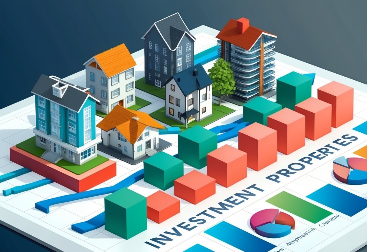 A diverse array of investment properties, such as houses, apartments, and commercial buildings, are strategically positioned on a financial growth chart