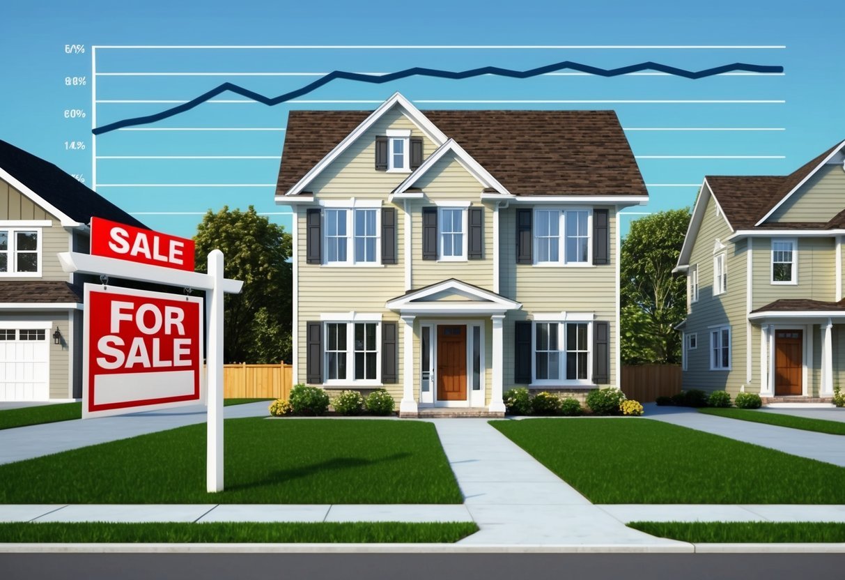 A house with a "For Sale" sign in the yard, surrounded by other residential properties.</p><p>A line graph showing increasing equity in the background