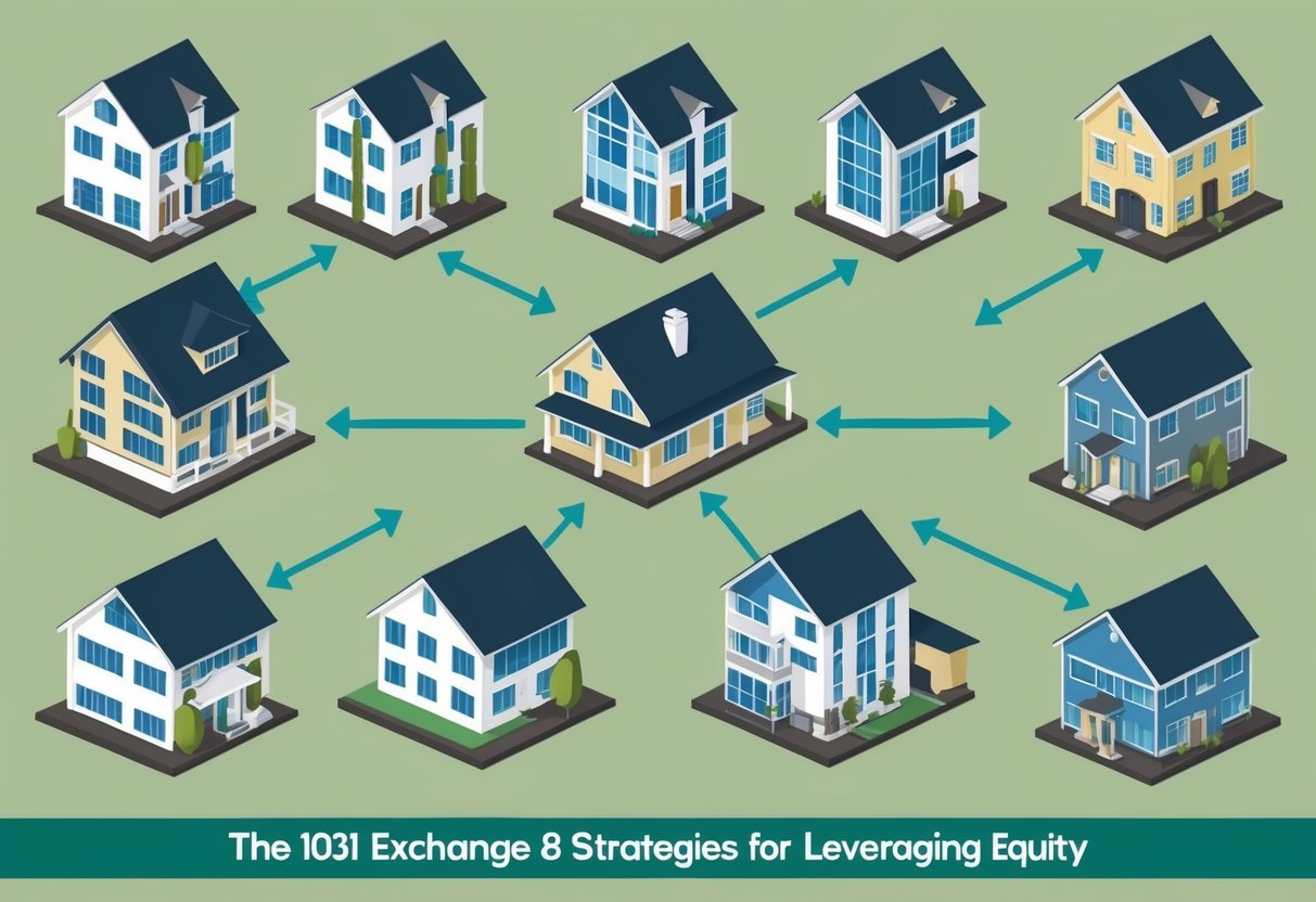 A group of diverse investment properties, each with unique features and potential, are interconnected through a series of arrows and pathways, symbolizing the 1031 Exchange 8 Strategies for Leveraging Equity