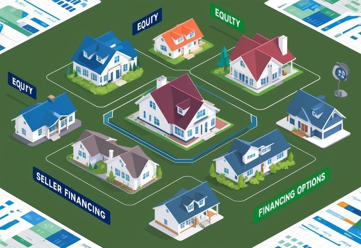 A diverse array of investment properties with varying equity levels, surrounded by financial charts and graphs, with seller financing options highlighted