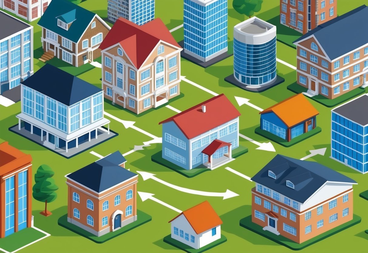 A diverse group of buildings, from residential homes to commercial properties, interconnected with arrows and lines symbolizing investment strategies