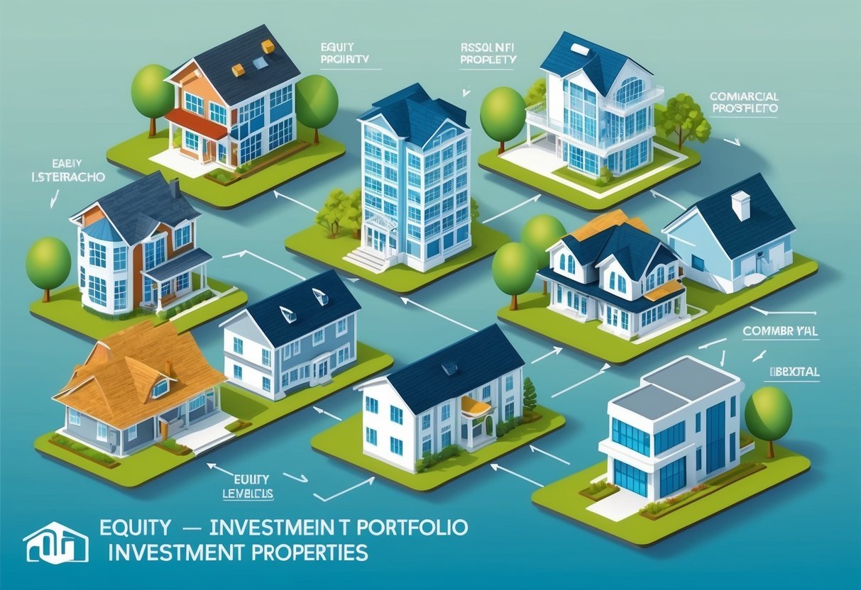 A diverse portfolio of investment properties, ranging from residential to commercial, with various equity leveraging strategies in action