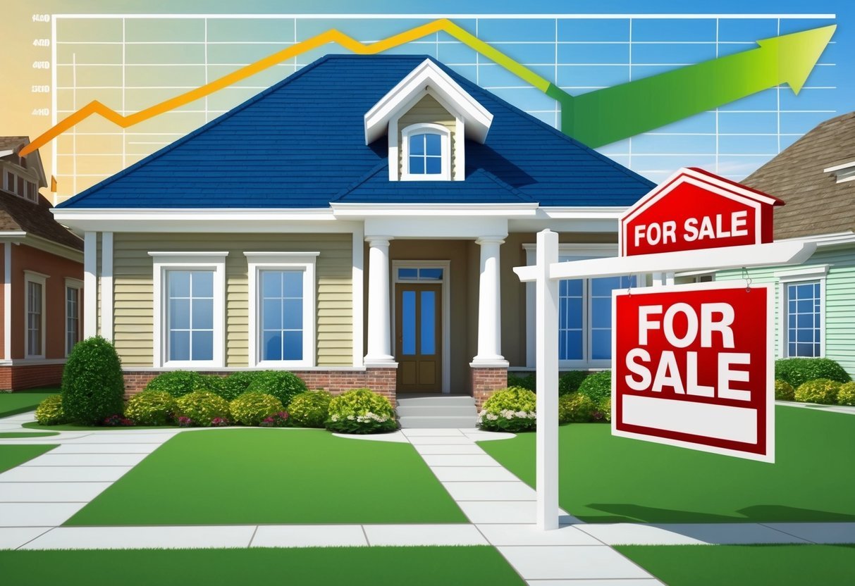 A house with a "For Sale" sign in front, surrounded by other properties.</p><p>A graph showing increasing property values in the background