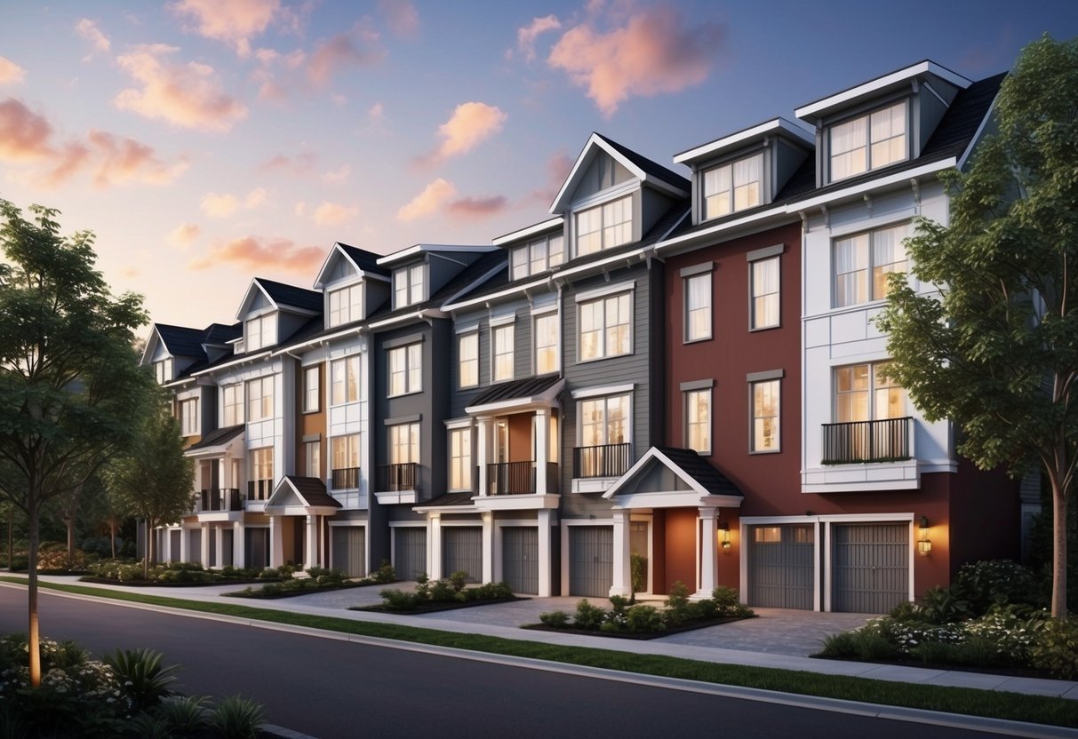 Row of modern townhouses with garages and dormers, dusk sky