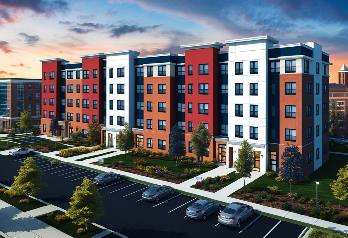 A row of modern student housing buildings with landscaped grounds and parking, surrounded by a mix of college campus and urban amenities