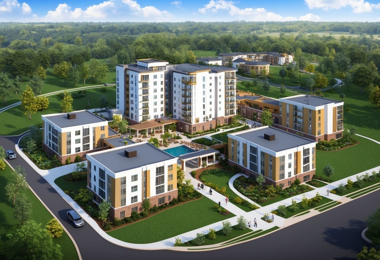 Aerial view of a modern senior living community surrounded by lush greenery and walking paths, with communal areas and residential buildings