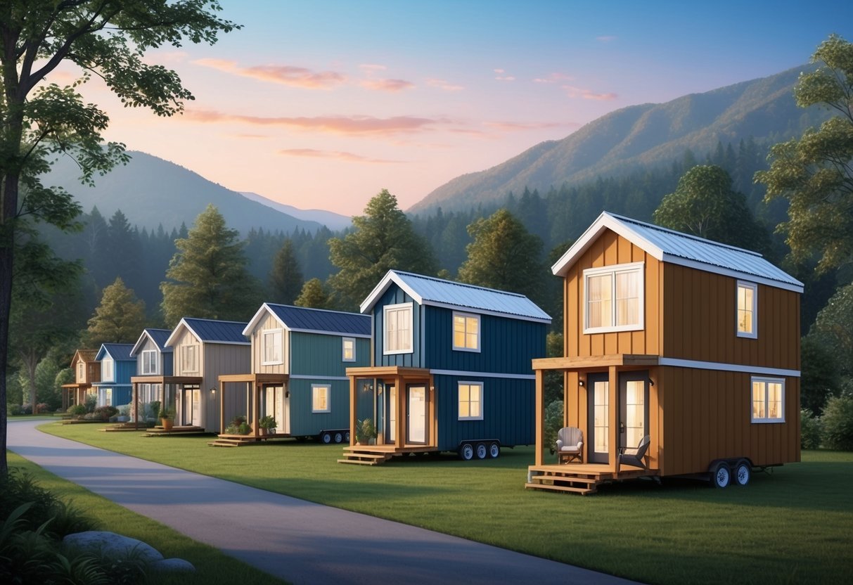 A row of unique residential properties, including tiny homes, vacation rentals, and eco-friendly dwellings, nestled in a scenic, secluded area