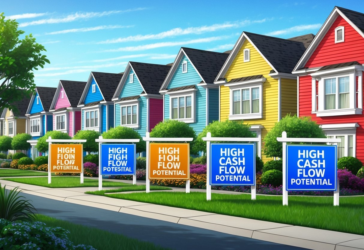 A row of colorful residential properties with "High Cash Flow Potential" signs displayed in front, surrounded by lush landscaping and a clear blue sky