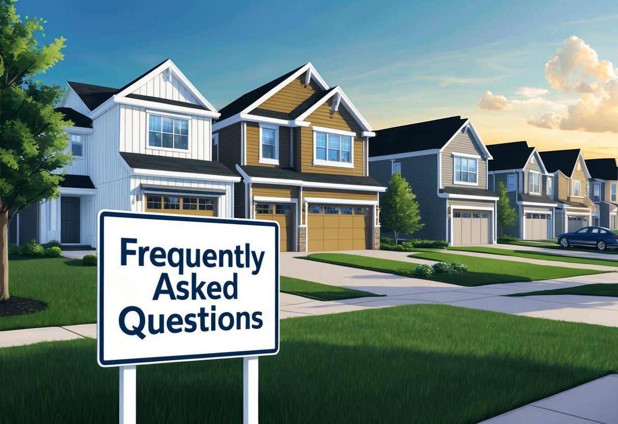 A suburban neighborhood with modern, high-yield properties and a "Frequently Asked Questions" sign in the foreground