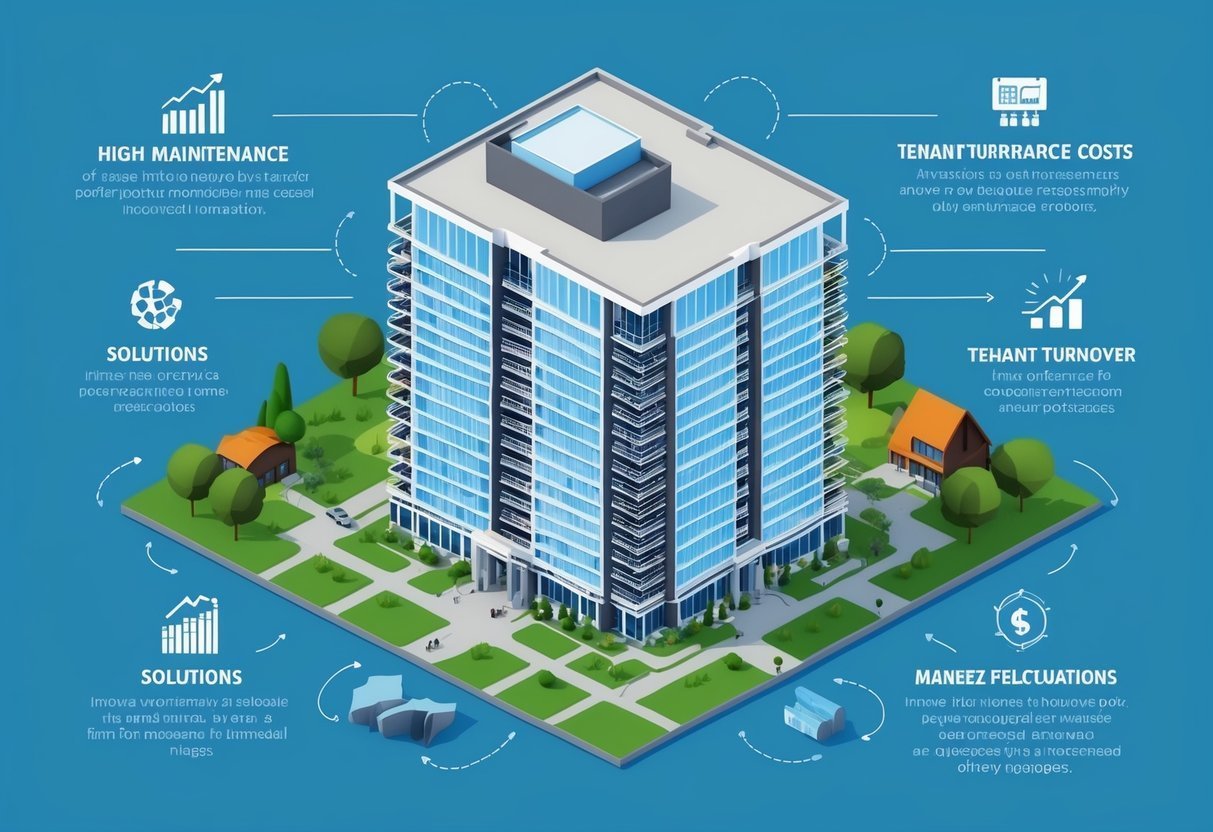 Isometric view of a modern high-rise building with surrounding landscape and text