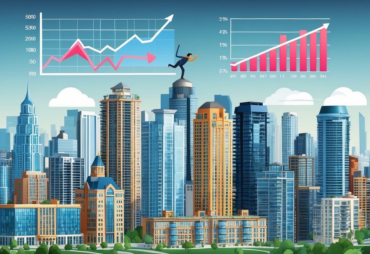 A bustling city skyline with various condo buildings, each with unique architectural features.</p><p>A graph showing fluctuating market trends hovers above, while a figure navigates through the challenges with determination