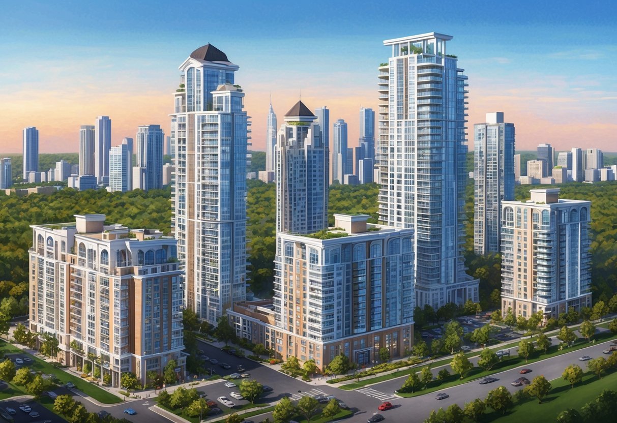 A city skyline with several condominium buildings, each with unique architectural features, surrounded by greenery and a bustling urban environment