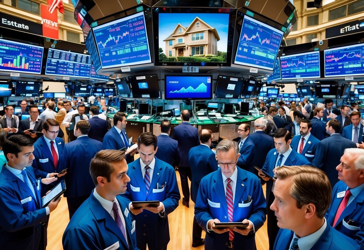 A bustling stock market floor with multiple screens displaying real estate investment data, surrounded by focused investors and financial experts