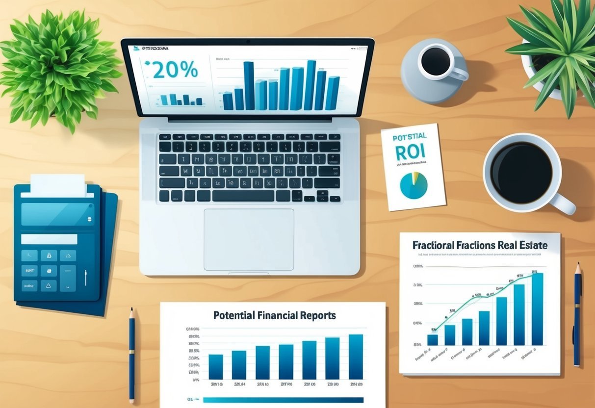 A modern office desk with a laptop, financial reports, and a graph showing potential ROI in fractional real estate