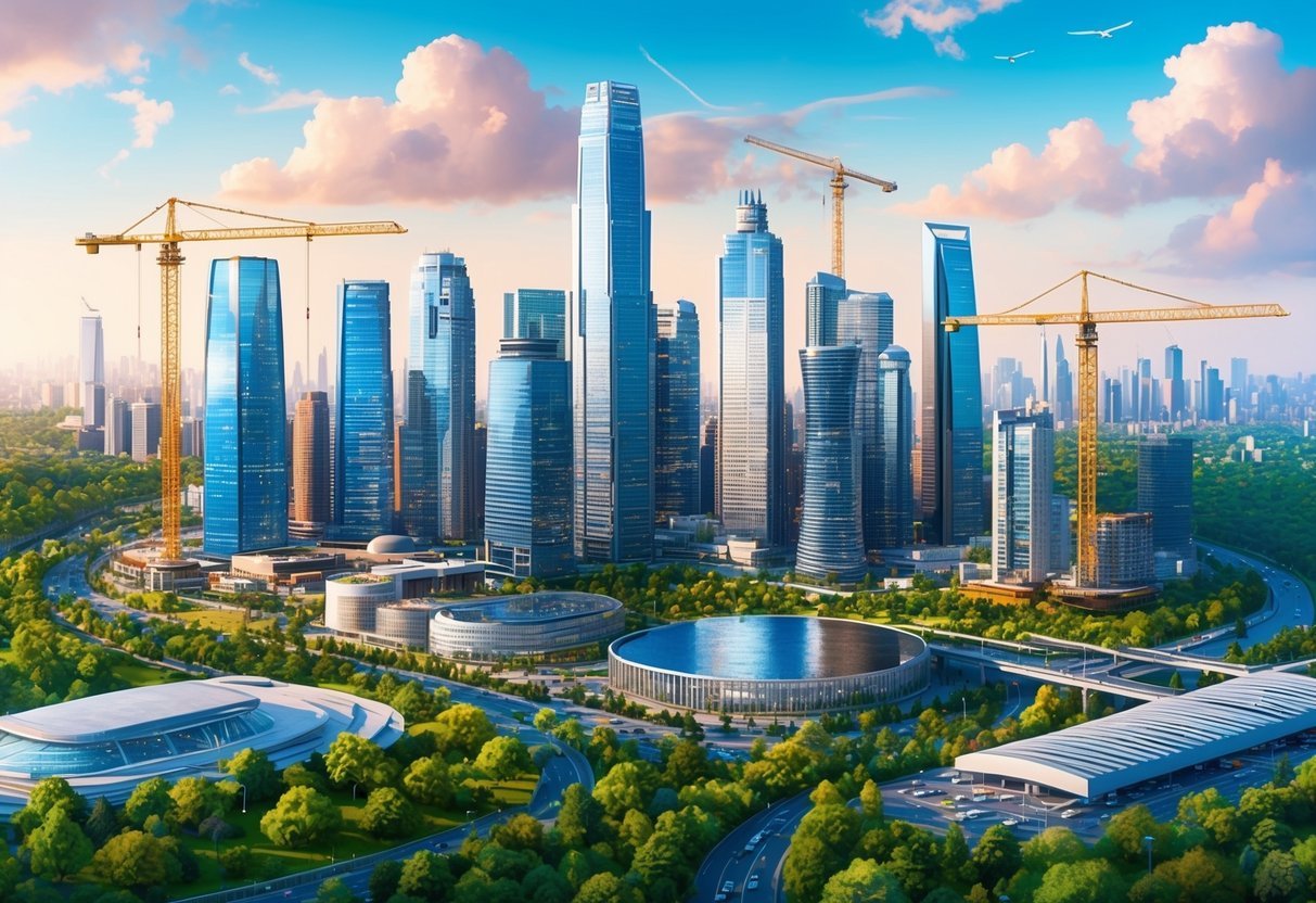 A bustling city skyline with skyscrapers and construction cranes, surrounded by vibrant greenery and modern infrastructure