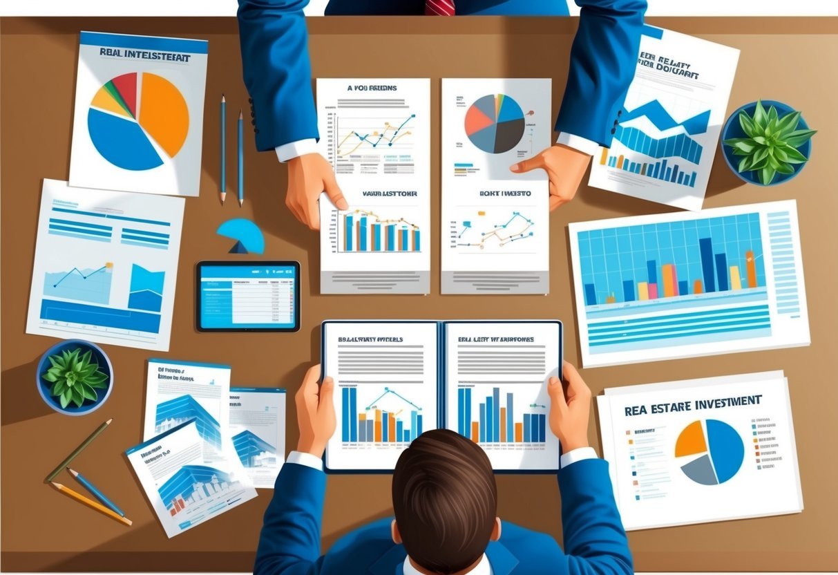 A person reviewing documents on a desk, surrounded by charts, graphs, and real estate investment materials