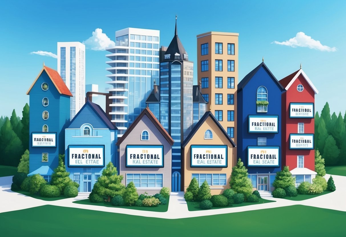 A group of diverse buildings with "Fractional Real Estate" tips displayed on screens, surrounded by greenery and a clear blue sky