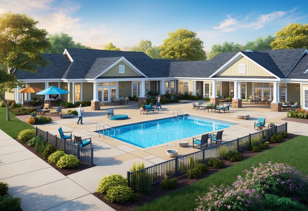 A serene retirement community with a pool, fitness center, walking paths, game room, and communal gathering spaces surrounded by lush landscaping and outdoor seating areas