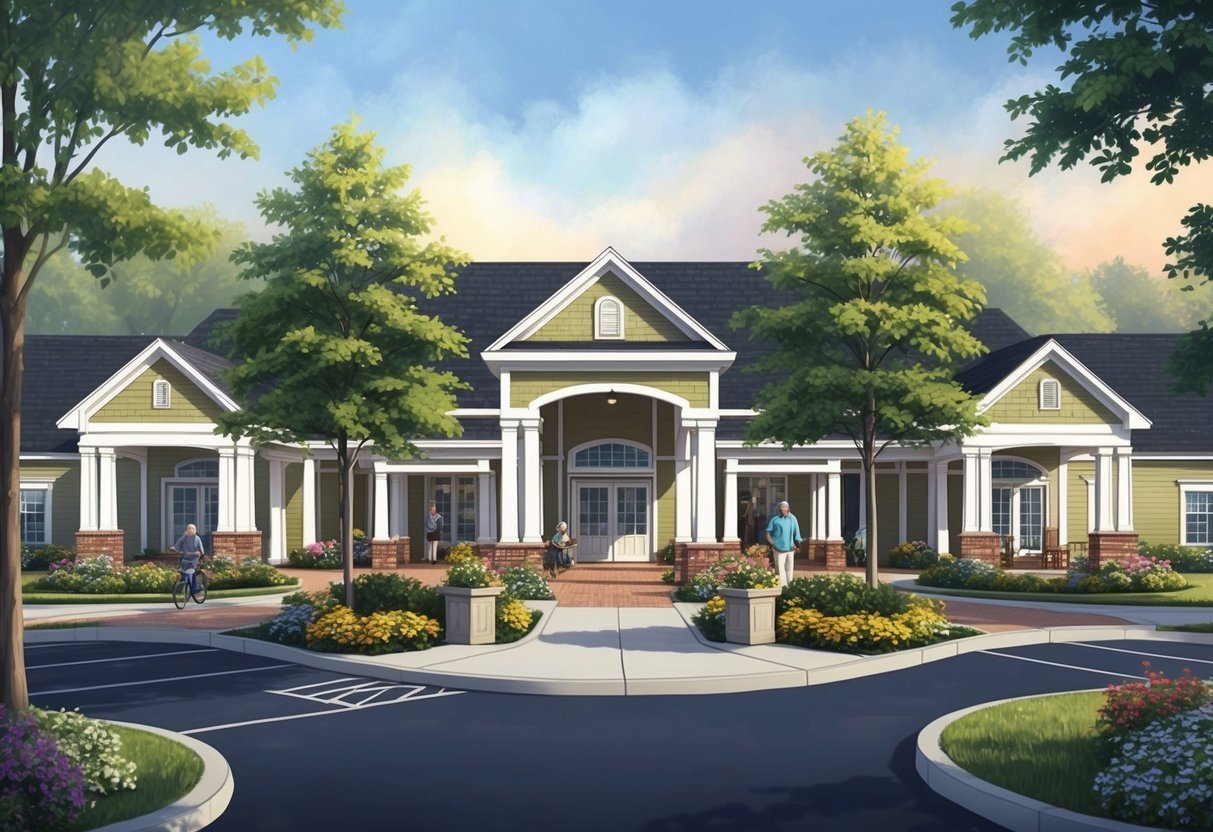 A serene retirement community with well-maintained facilities and green spaces, surrounded by amenities and social activities