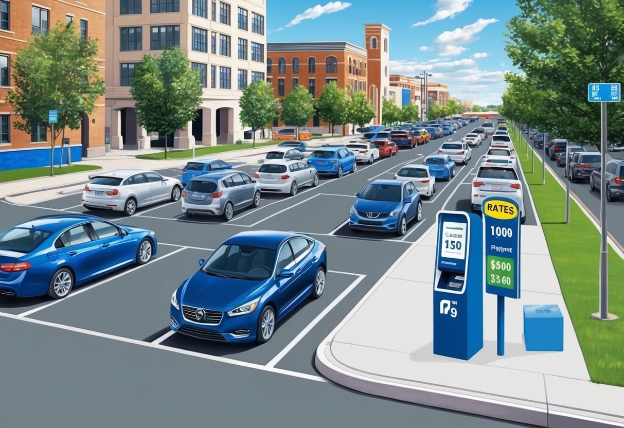 A row of parking lots with cars parked, a payment kiosk, and a sign displaying the rates.</p><p>Surrounding buildings and a busy street in the background