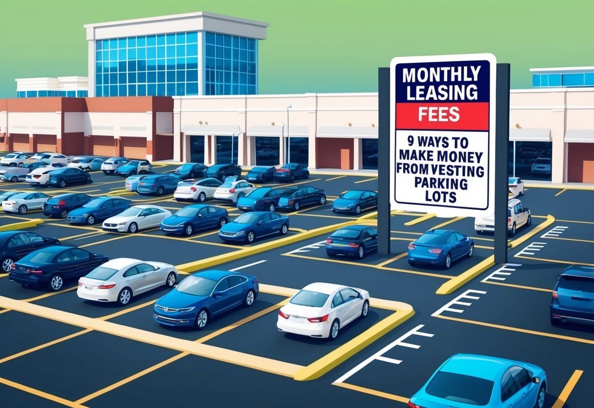 A row of parking spaces with cars parked in a lot, surrounded by commercial buildings and a sign displaying "Monthly Leasing Fees 9 Ways to Make Money from Investing in Parking Lots"