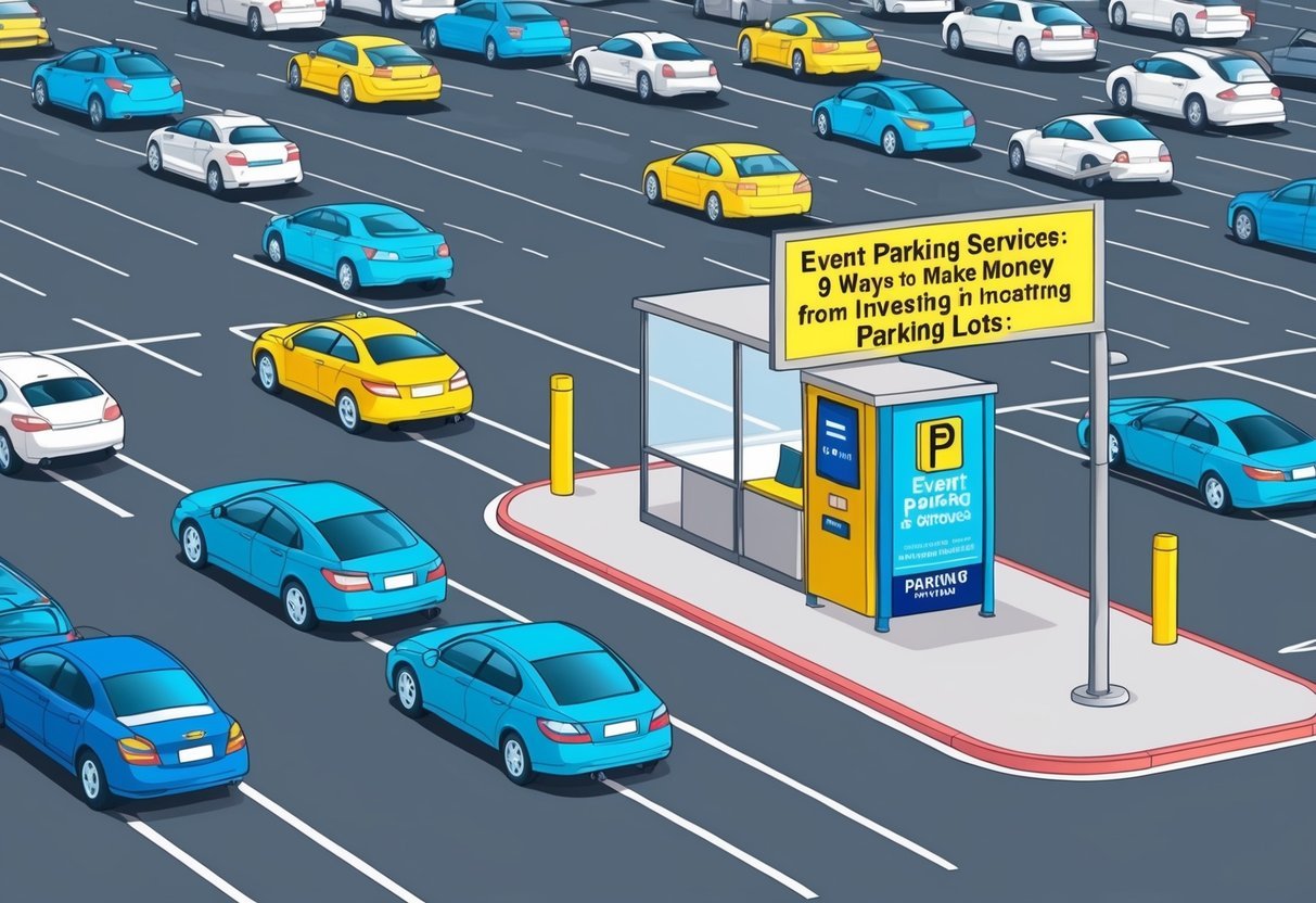 A bustling parking lot with cars entering and exiting, a payment booth, and a sign displaying "Event Parking Services: 9 Ways to Make Money from Investing in Parking Lots."