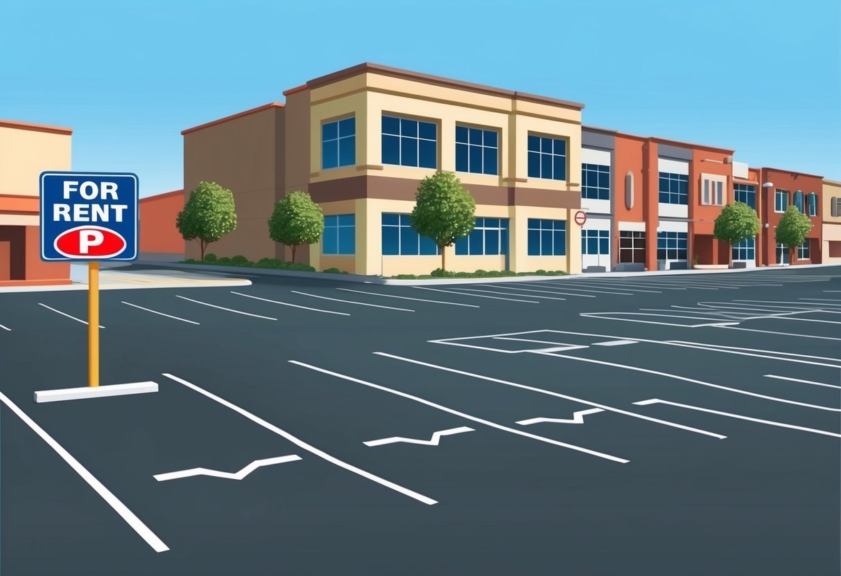 A row of empty parking spaces in a lot with a "for rent" sign.</p><p>Surrounding buildings suggest a commercial area