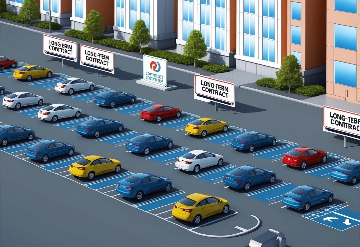 A row of parking lots with cars parked in designated spaces, surrounded by commercial buildings and signs indicating long-term contract opportunities