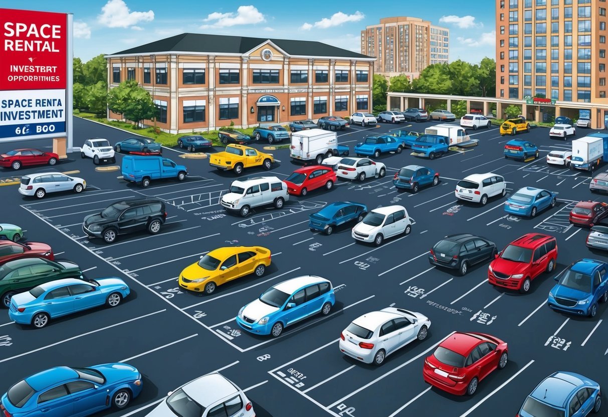 A busy parking lot with various vehicles parked in designated spaces, surrounded by buildings and signs advertising space rental and investment opportunities